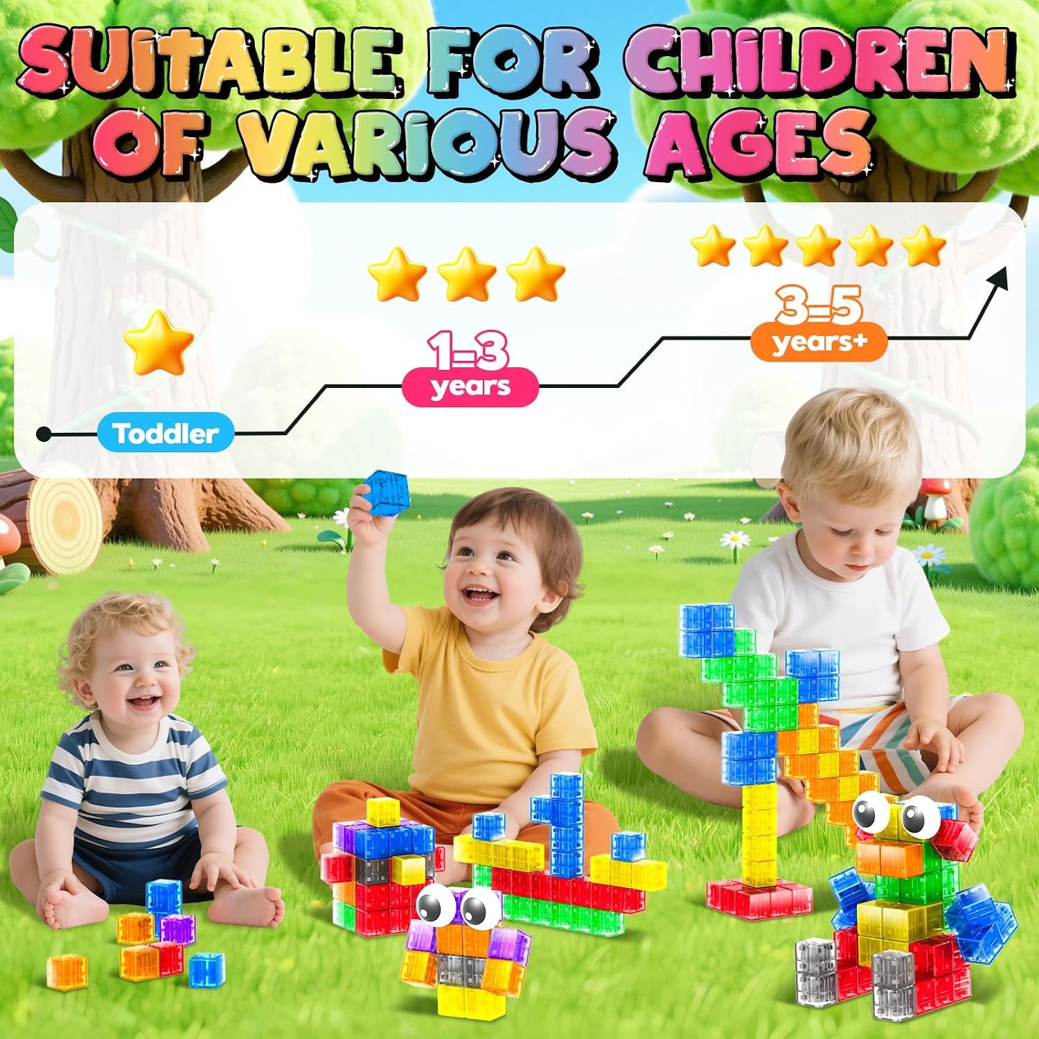 Magnetic Blocks with Toy Eyes, Transparent Magnetic Cubes,Montessori Sensory STEM Magnetic Cubes for Kids, 1''Travel Magnetic Blocks for Toddlers 3+ Year Old Boys Birthday Girls(56Pcs)