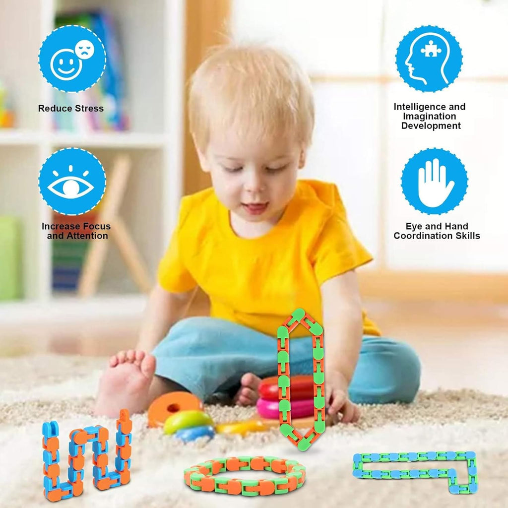 8Pcs 24Links Fidgets Wacky Tracks Fidget Toys for Kids Valentines Day Gifts Classroom Gifts School Easter Stocking Stuffers Plastic Sensory Autism Snap Fidget Click Snake Toys for Adults Travel 11Inch