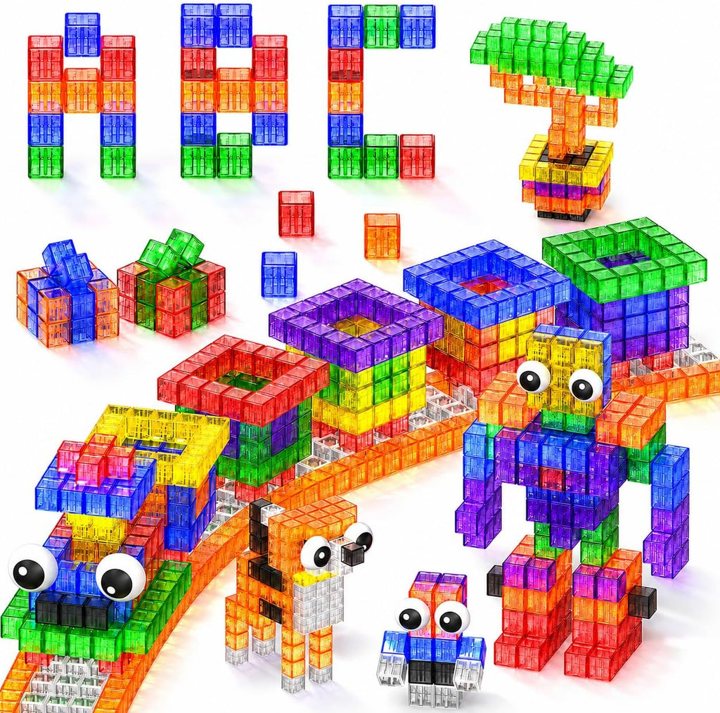 Magnetic Blocks with Toy Eyes, Transparent Magnetic Cubes,Montessori Sensory STEM Magnetic Cubes for Kids, 1''Travel Magnetic Blocks for Toddlers 3+ Year Old Boys Birthday Girls(56Pcs)