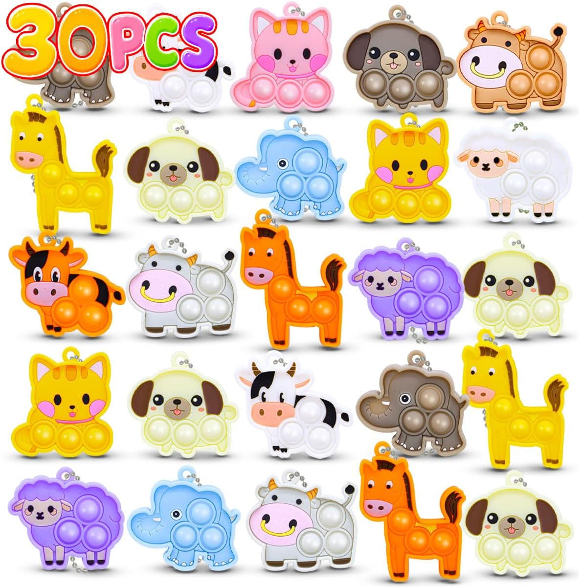 30Pcs Pop It Keychain Bulk Set, Fidget Keychains Party Favors for Kids 4-8 8-12, Goodie Bag Stuffers for Kids, Bulk Fidget Toys for Classroom Prizes, Sensory Toys Treasure Box