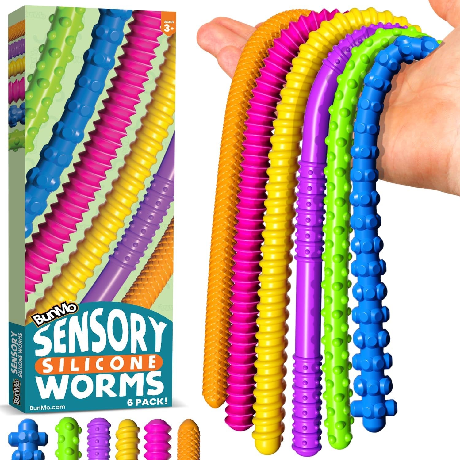 Silicone Stretchy Strings Sensory Toy – 6 Pack Fidget Worm Toy Set | Sensory Noodles for Kids | Bright, Textured, Fun Stretchy Noodles Fidget Toy for Tactile Play | Worm Toys for Fall Fun