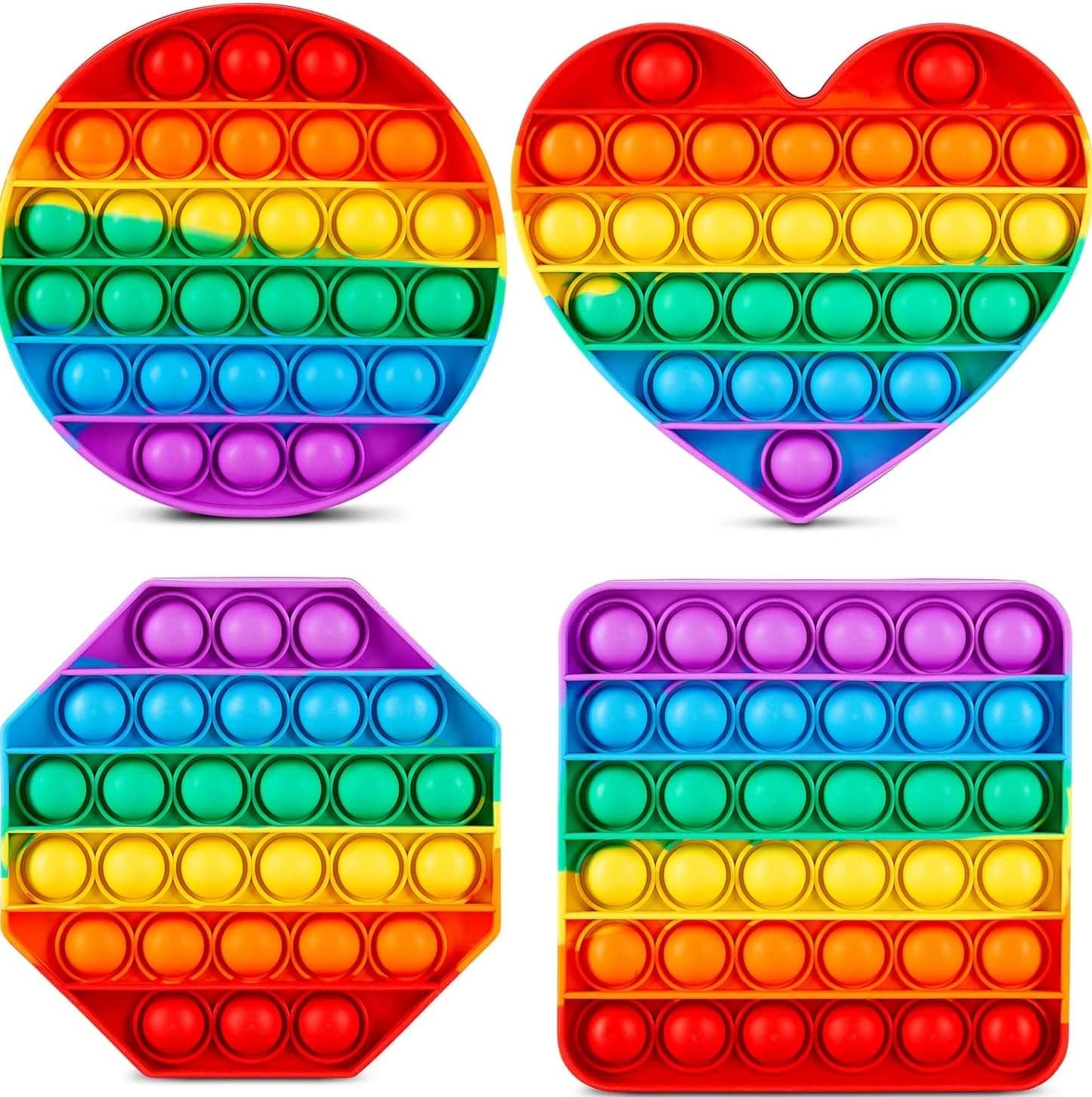 Multipurpose 4 Pack Rainbow Pop It Fidget Toy, Bubble Sensory Toy for Kids and Adults, Stress Reliever, 4 Shapes Poppers-Heart, Circle, Octagon, Square Pressure Relieving