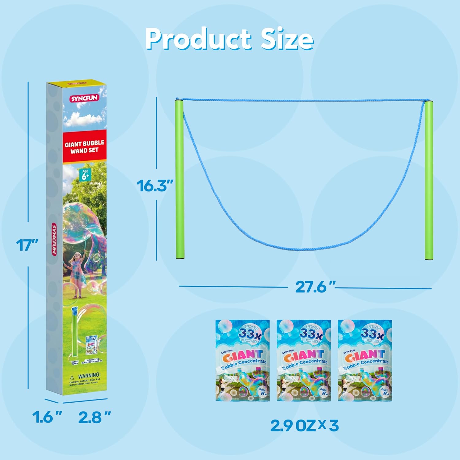 4 Pcs Giant Bubble Wand, 1 Big Bubble Wand Set with 3 Packs 33X Super Concentrate Solution, Giant Bubbles Maker for Kids Summer Outdoor Toy Game Activity Birthday Party Favors