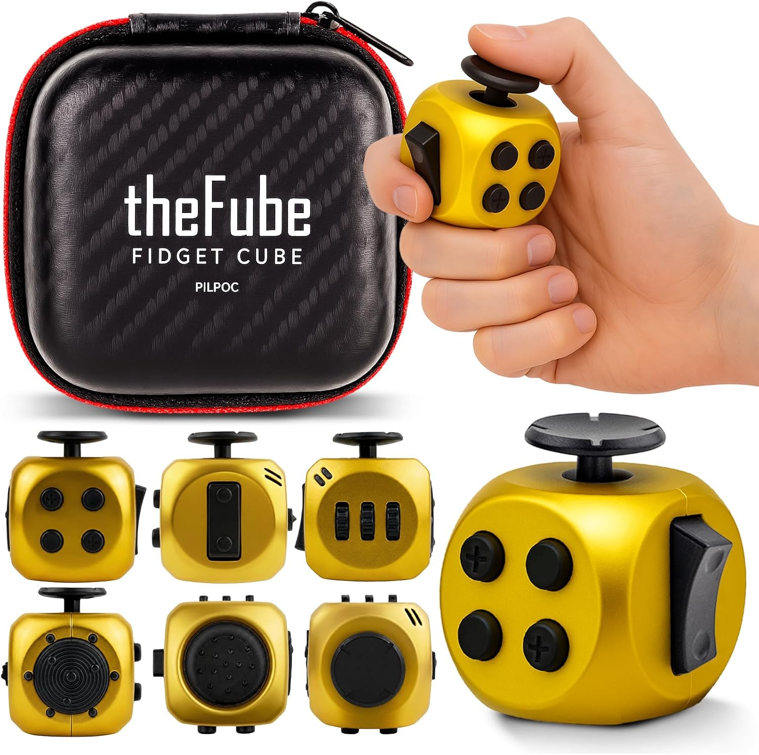 Thefube Fidget Cube, 6-Sided Stress Relief Infinity Cube for Adults & Kids, Boosts Concentration, Mindfulness Aid, Silent & Audible Modes, Includes Carry Case for Portability (Midnight Aurum)