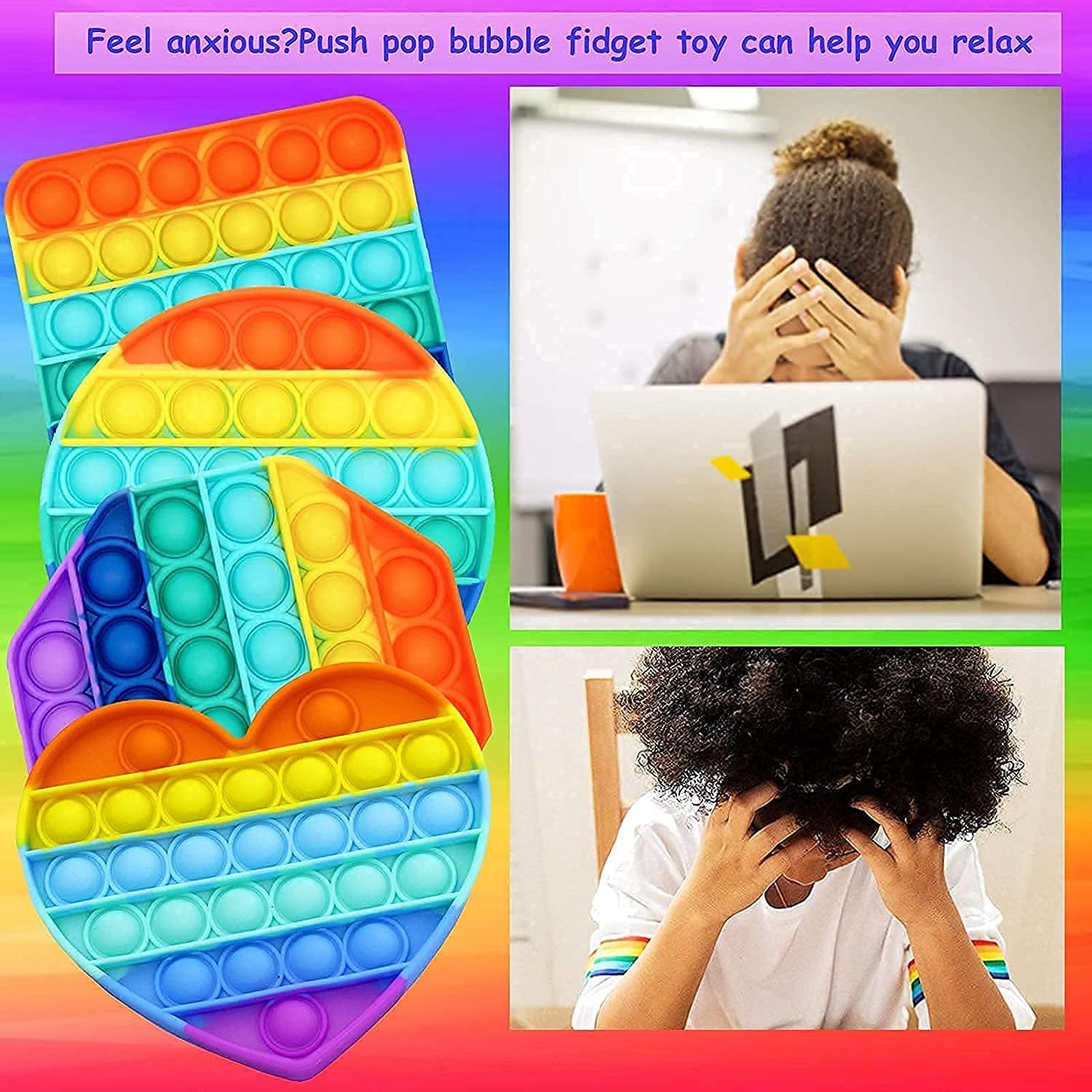 Multipurpose 4 Pack Rainbow Pop It Fidget Toy, Bubble Sensory Toy for Kids and Adults, Stress Reliever, 4 Shapes Poppers-Heart, Circle, Octagon, Square Pressure Relieving