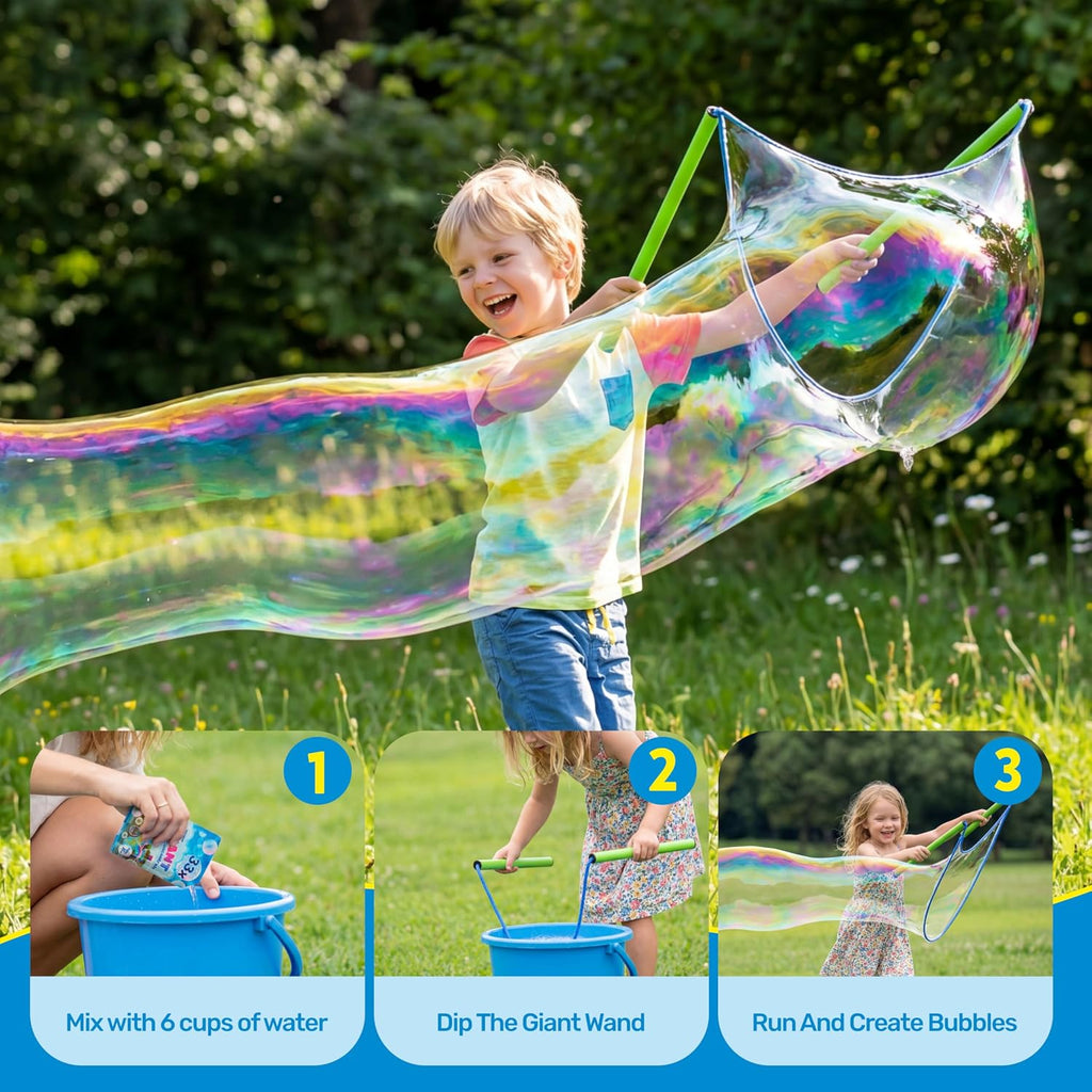4 Pcs Giant Bubble Wand, 1 Big Bubble Wand Set with 3 Packs 33X Super Concentrate Solution, Giant Bubbles Maker for Kids Summer Outdoor Toy Game Activity Birthday Party Favors