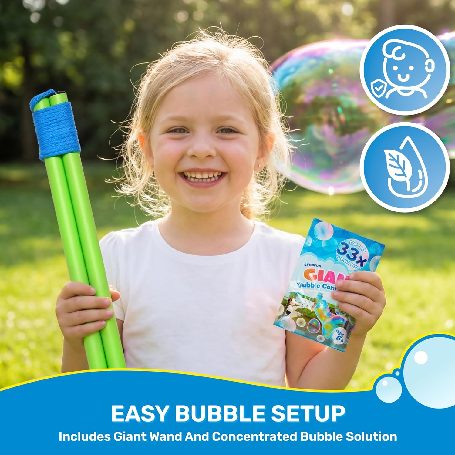 4 Pcs Giant Bubble Wand, 1 Big Bubble Wand Set with 3 Packs 33X Super Concentrate Solution, Giant Bubbles Maker for Kids Summer Outdoor Toy Game Activity Birthday Party Favors