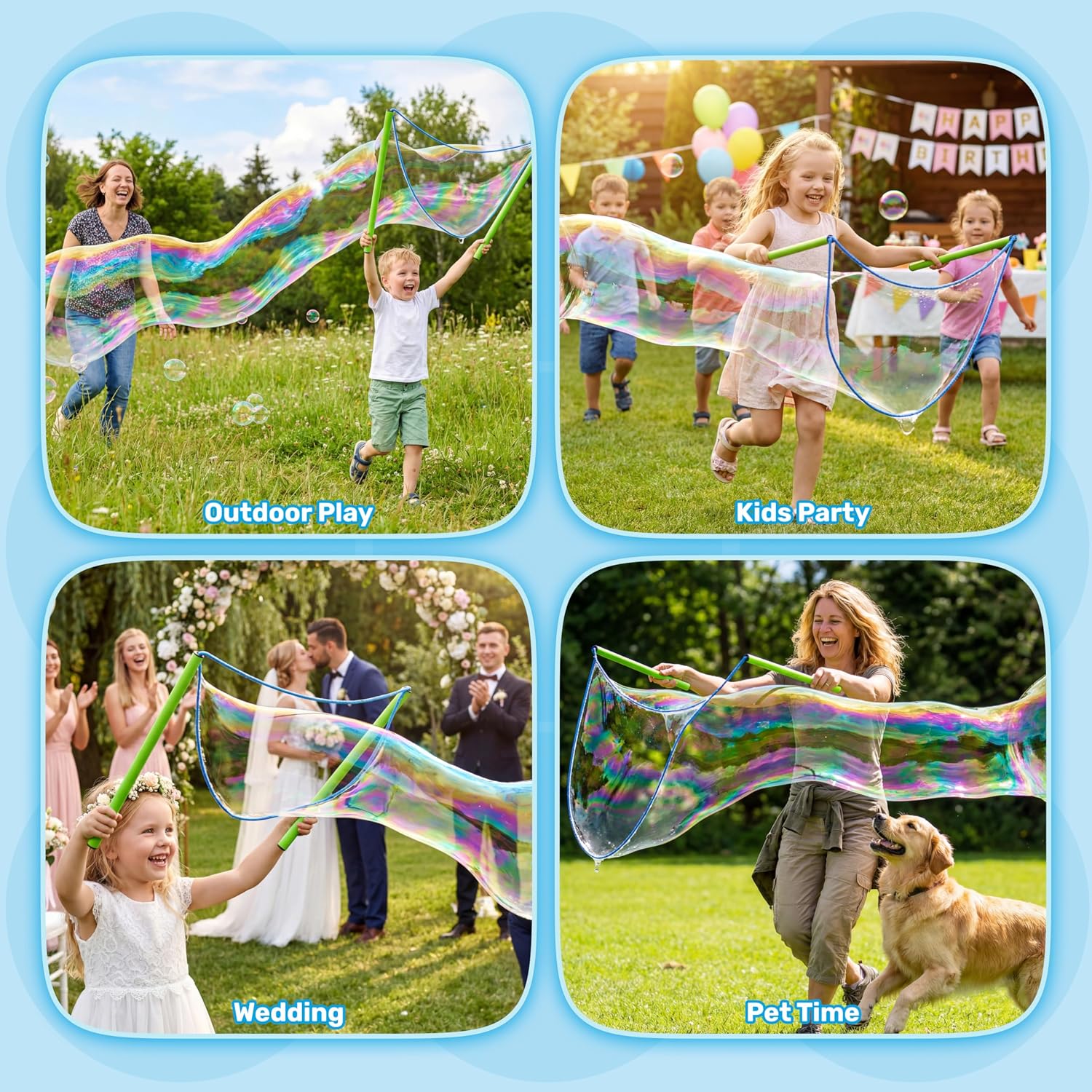 4 Pcs Giant Bubble Wand, 1 Big Bubble Wand Set with 3 Packs 33X Super Concentrate Solution, Giant Bubbles Maker for Kids Summer Outdoor Toy Game Activity Birthday Party Favors