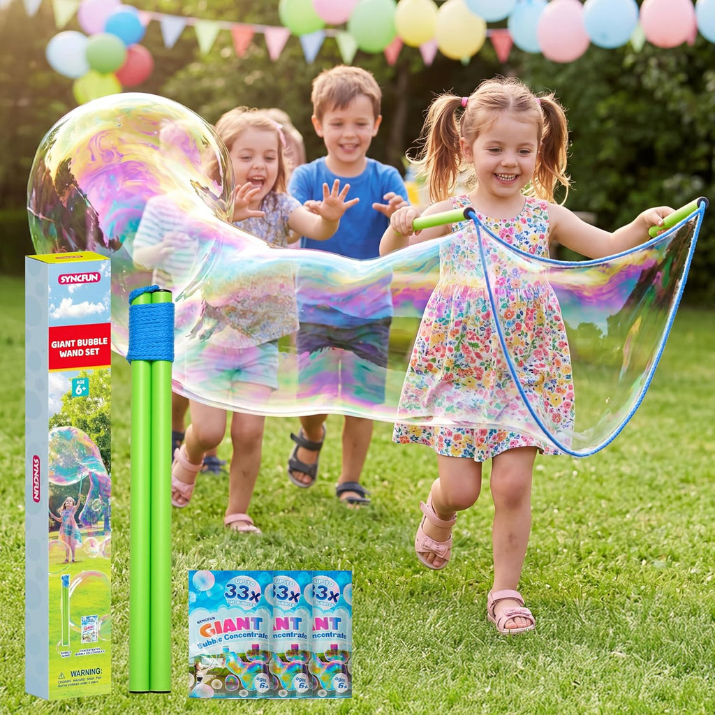 4 Pcs Giant Bubble Wand, 1 Big Bubble Wand Set with 3 Packs 33X Super Concentrate Solution, Giant Bubbles Maker for Kids Summer Outdoor Toy Game Activity Birthday Party Favors