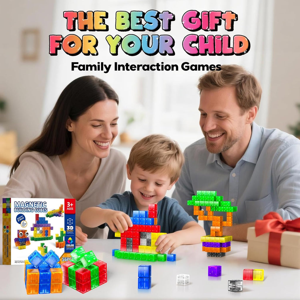 Magnetic Blocks with Toy Eyes, Transparent Magnetic Cubes,Montessori Sensory STEM Magnetic Cubes for Kids, 1''Travel Magnetic Blocks for Toddlers 3+ Year Old Boys Birthday Girls(56Pcs)