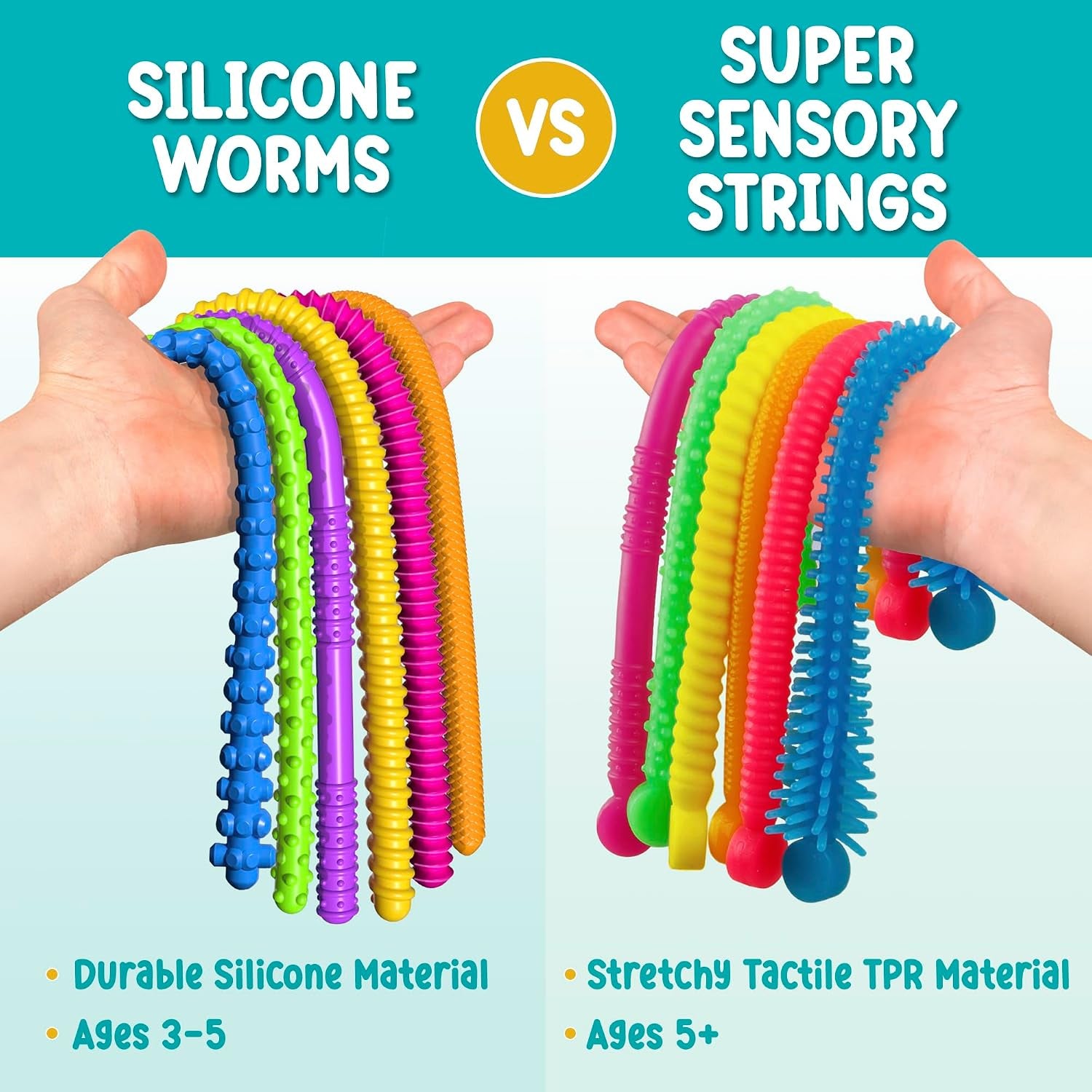 Silicone Stretchy Strings Sensory Toy – 6 Pack Fidget Worm Toy Set | Sensory Noodles for Kids | Bright, Textured, Fun Stretchy Noodles Fidget Toy for Tactile Play | Worm Toys for Fall Fun