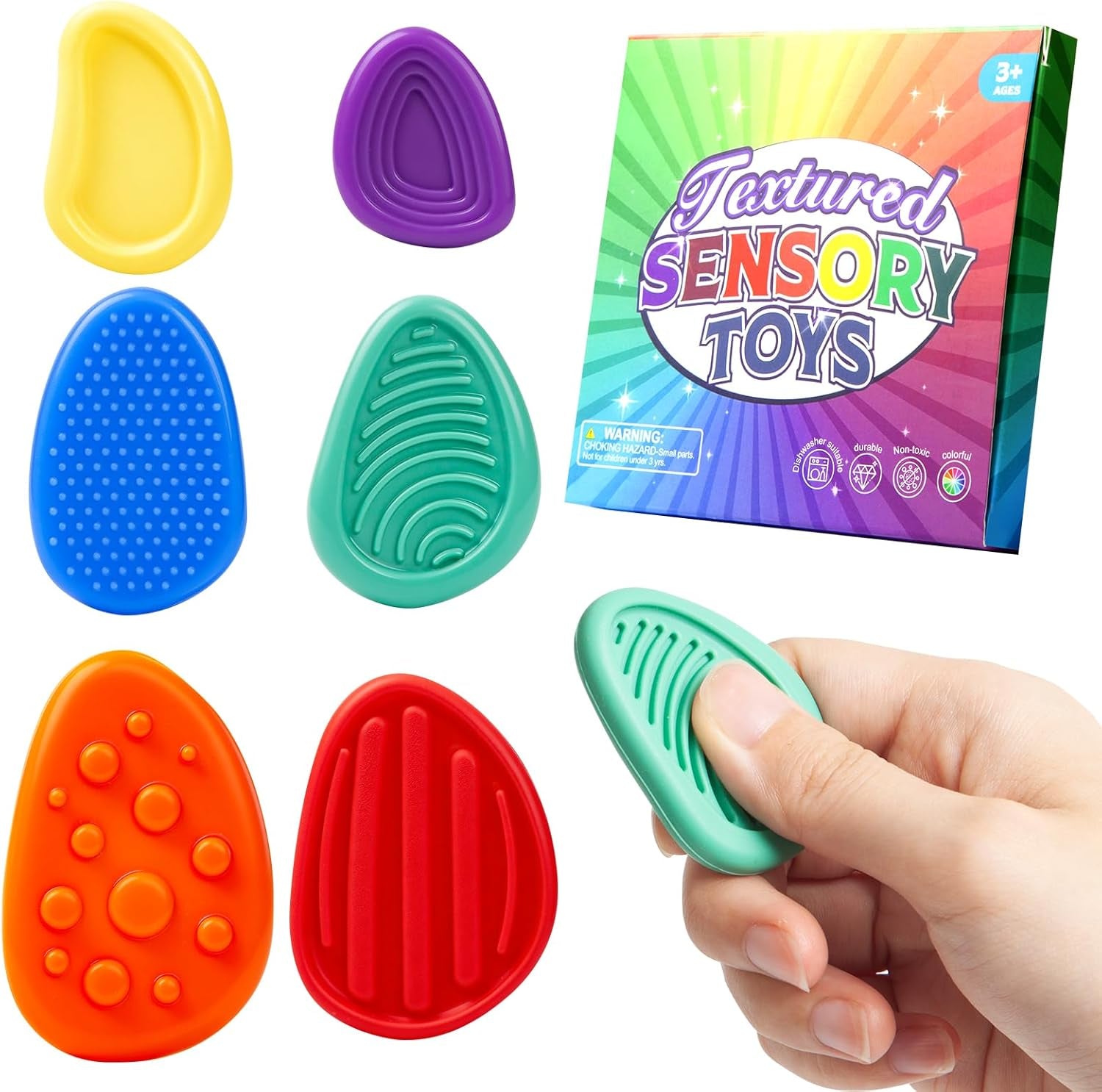 Silent Sensory Worry Stones for Anxiety - 6 Pack Fidget Toys for Kids & Adults, Portable Stress Relief for Classroom ADHD Autism Special Needs, Textured Calming Stones Set