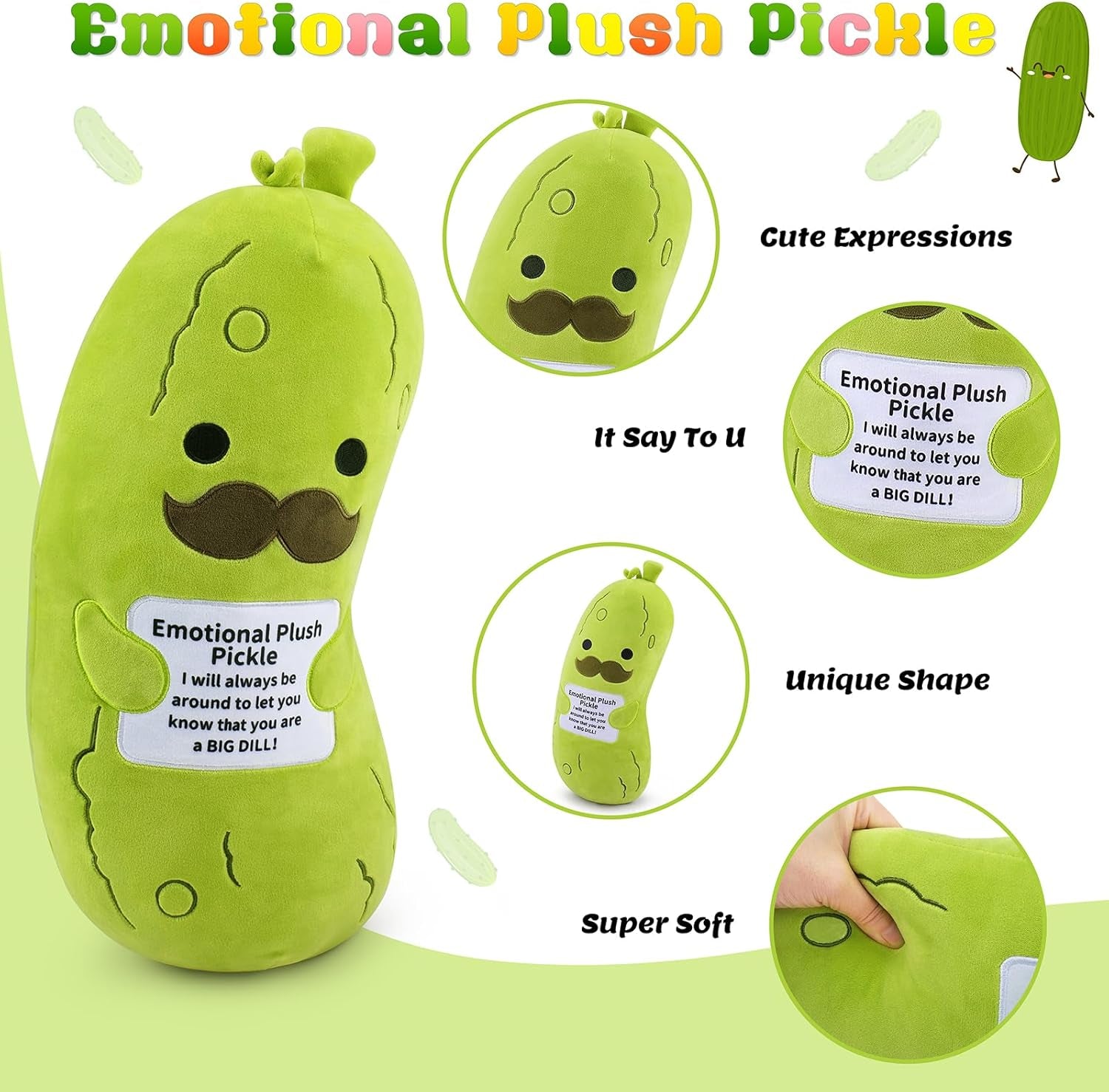 Emotional Plush Pickle-20” Pickle Stuffed Animal,Plushies Cucumber Stuffed Animal with Positive Warm Words,Kawaii Plush Toy Kids Birthday Gifts,Soft Vegetable Lover Plushy Pillow,1Pcs
