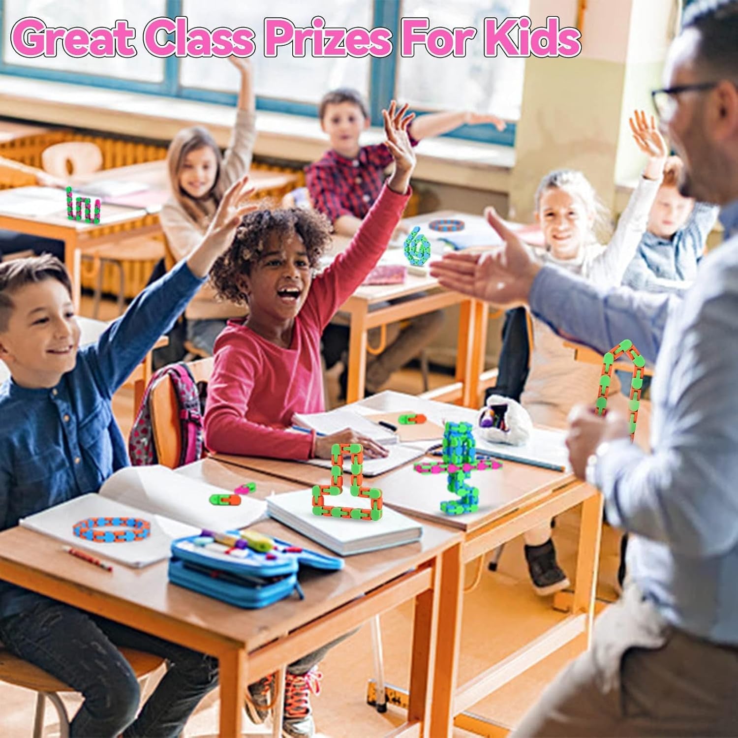 8Pcs 24Links Fidgets Wacky Tracks Fidget Toys for Kids Valentines Day Gifts Classroom Gifts School Easter Stocking Stuffers Plastic Sensory Autism Snap Fidget Click Snake Toys for Adults Travel 11Inch