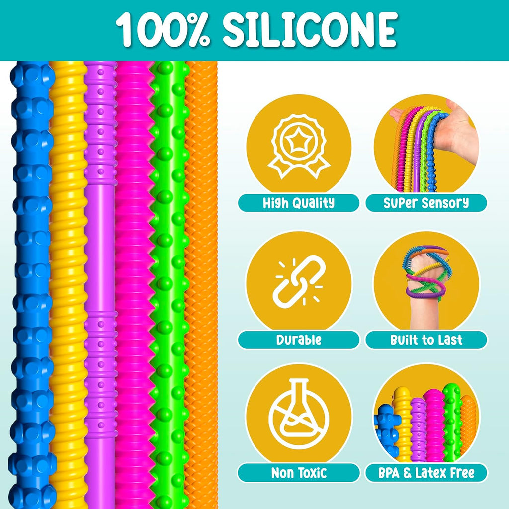 Silicone Stretchy Strings Sensory Toy – 6 Pack Fidget Worm Toy Set | Sensory Noodles for Kids | Bright, Textured, Fun Stretchy Noodles Fidget Toy for Tactile Play | Worm Toys for Fall Fun