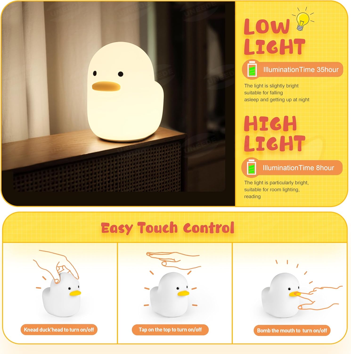 LED Benson Night Light, Cute Duck Animal Silicone Nursery Night Light Rechargeable Table Lamp Bedside Lamp with Touch Sensor for Baby Girls Women Bedrooms, Living Room